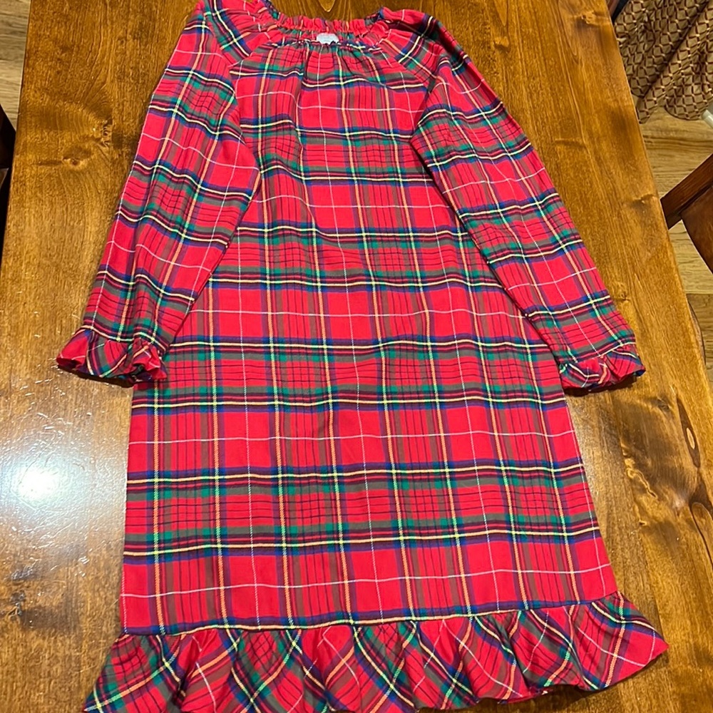 Girl’s flannel nightgown. Size 14, Lands End. Red & green plaid.